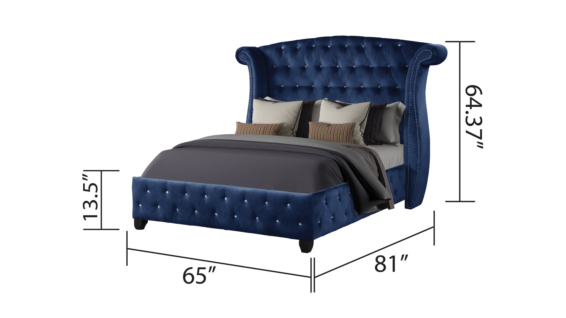 Sophia Modern Style Crystal Tufted Queen 4 Piece Includes: Queen Size Bed, Nightstand, Dresser, And Mirror Velvet Fabric Upholstery Bedroom Set Made With Wood In Blue Box Spring Not Required Queen Blue Wood 4 Piece Set Bedroom Bed Included,Dresser