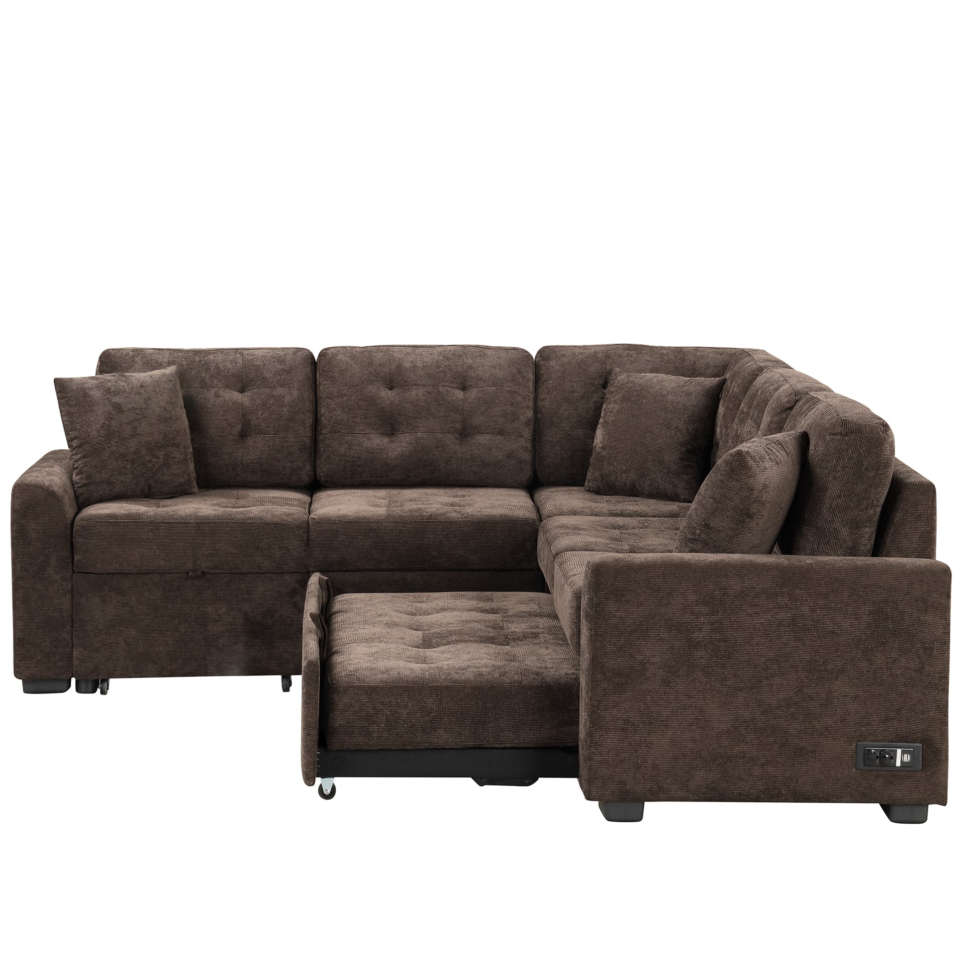 82.6" L Shape Sofa Bed Pull Out Sleeper Sofa With Wheels, Usb Ports, Power Sockets For Living Room, Brown Brown Foam Velvet