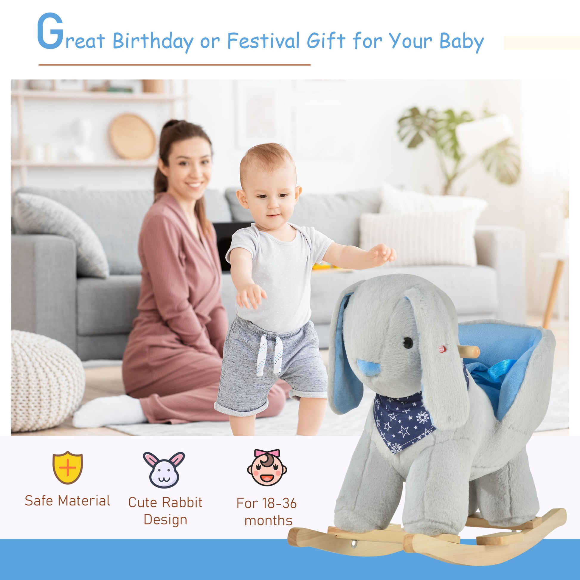 Kids Ride On Rocking Horse Toy Bunny Rocker With Fun Play Music & Soft Plush Fabric For Children 18 36 Months Grey Polyester