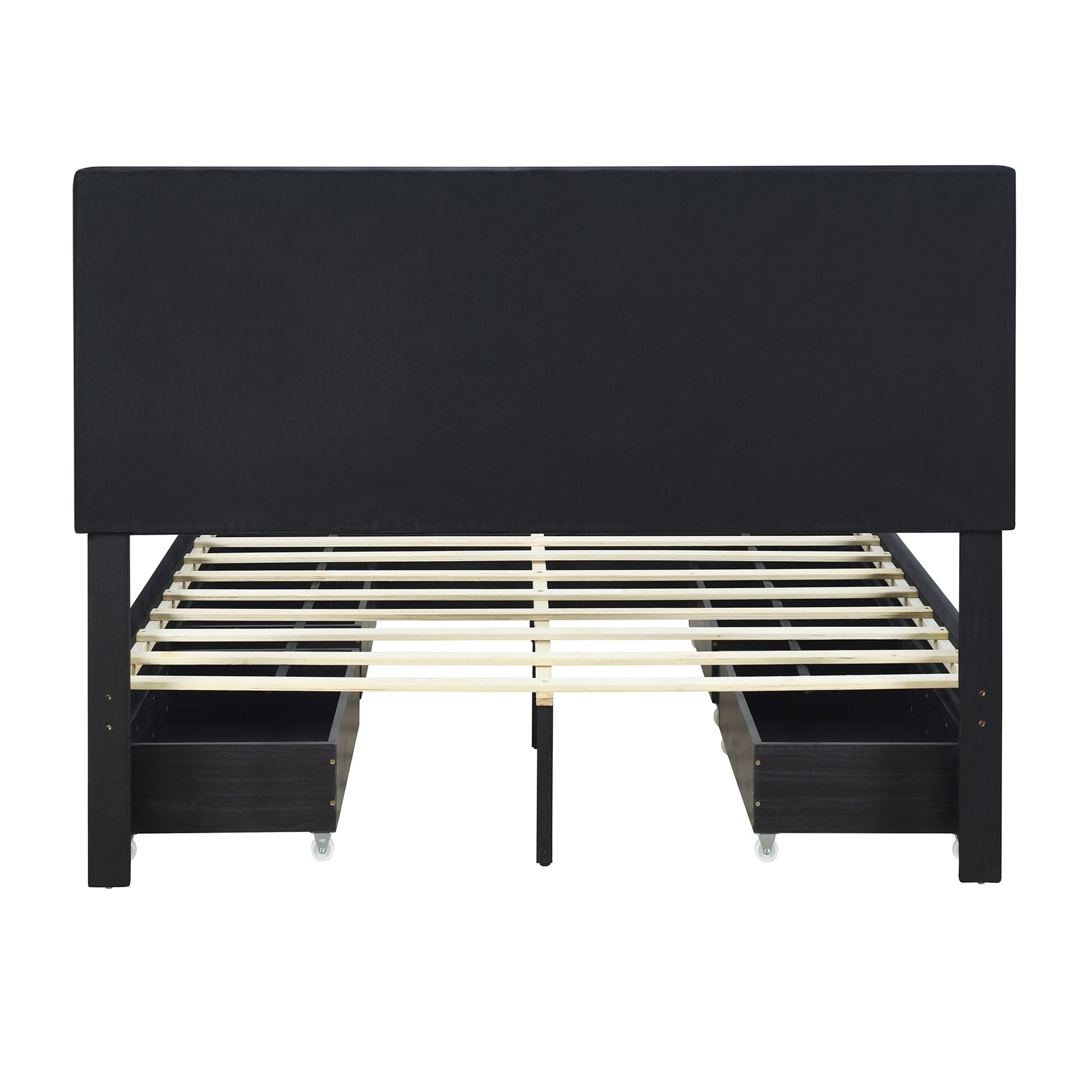 Queen Size Upholstered Platform Bed With Rivet Decorated Headboard, Led Bed Frame And 4 Drawers, Black Black Velvet