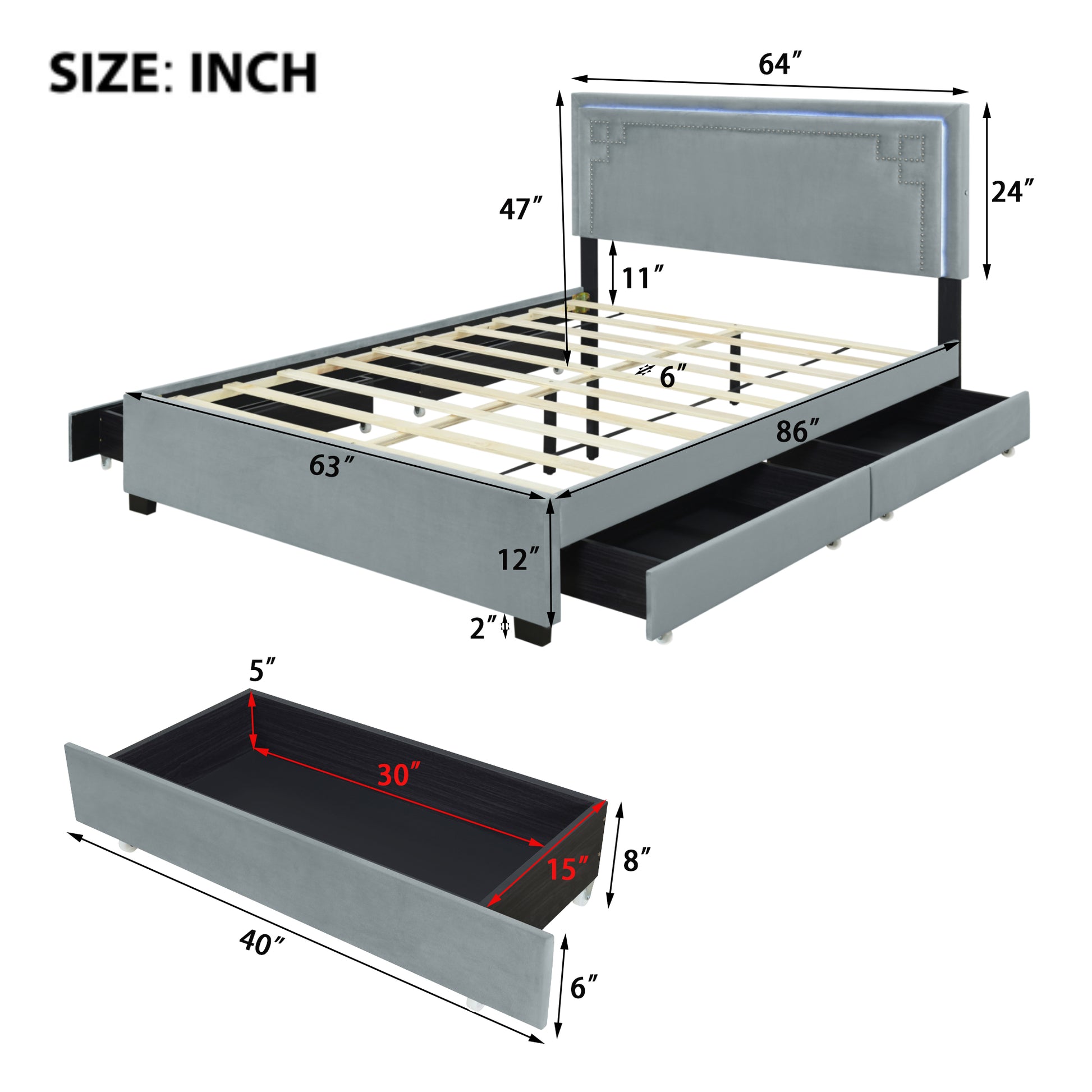 Queen Size Upholstered Platform Bed With Rivet Decorated Headboard, Led Bed Frame And 4 Drawers, Gray Gray Velvet