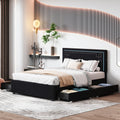 Queen Size Upholstered Platform Bed With Rivet Decorated Headboard, Led Bed Frame And 4 Drawers, Black Black Velvet