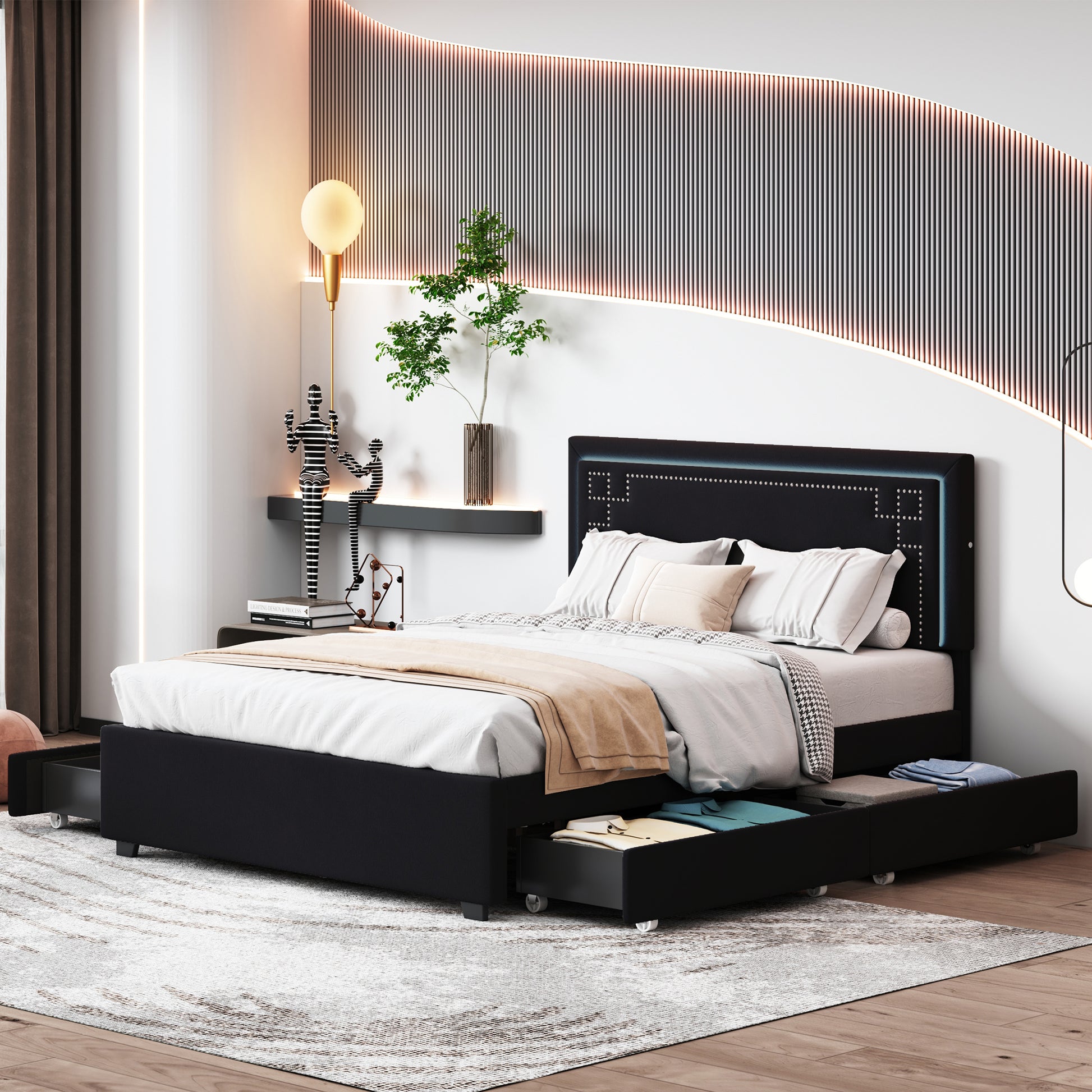 Queen Size Upholstered Platform Bed With Rivet Decorated Headboard, Led Bed Frame And 4 Drawers, Black Black Velvet