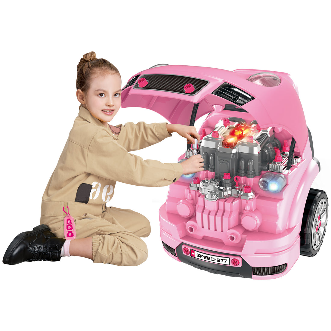 Mechanic Kids Truck Engine Toy Set, Car Service Playset, Engine Disassembly Play Workshop, Includes 61 Pieces, Steering Wheel, Horn, Light For 3 5 Years Old, Pink Pink Abs