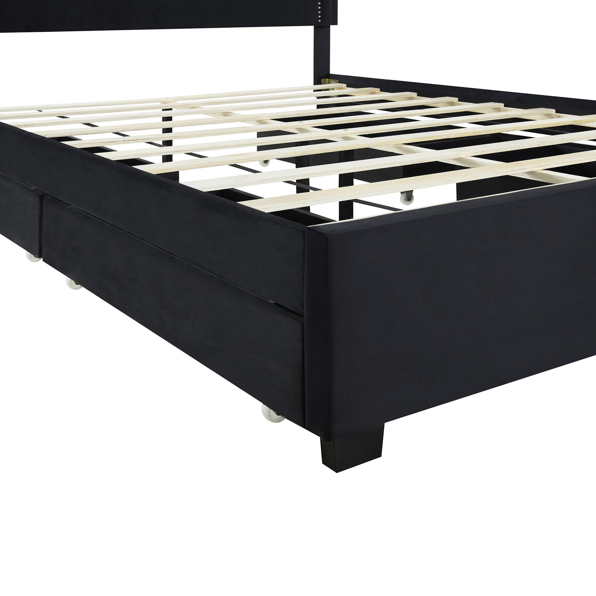 Queen Size Upholstered Platform Bed With Rivet Decorated Headboard, Led Bed Frame And 4 Drawers, Black Black Velvet