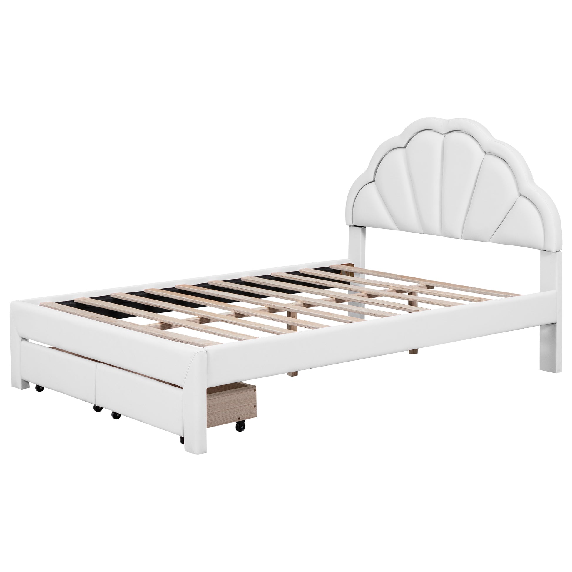 Full Size Upholstered Platform Bed With Seashell Shaped Headboard, Led And 2 Drawers, White Box Spring Not Required Full White Wood Bedroom Bed Frame Faux Leather Upholstered