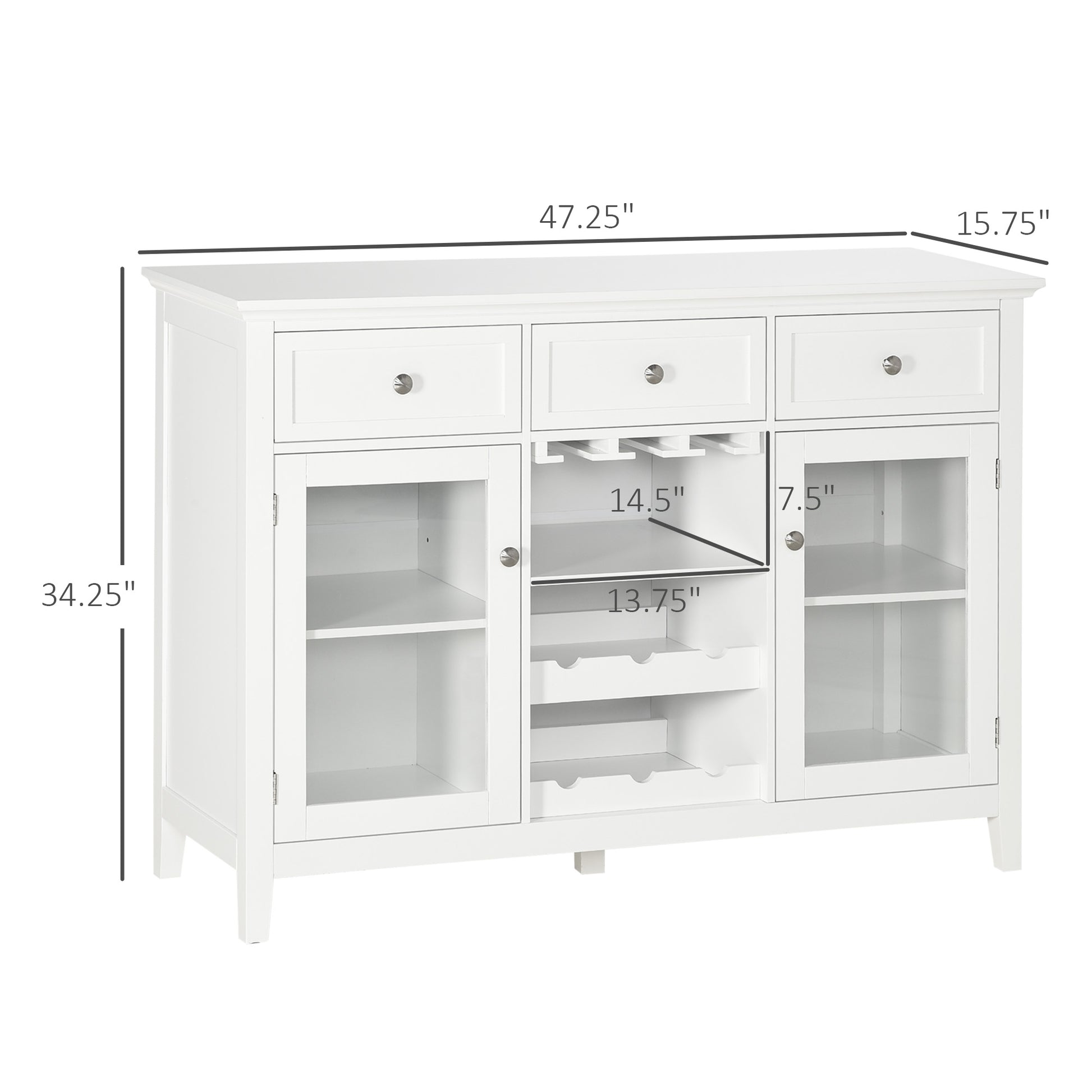 Coffee Bar Cabinet With 3 Drawers, 6 Bottle Wine Rack, Stemware Racks, Glass Door, Sideboard Buffet Cabinet, Wine Cabinet, White White Particle Board