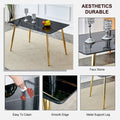 Modern Minimalist Rectangular Black Imitation Marble Dining Table, 0.3 Inches Thick, Gold Color Metal Legs, Suitable For Kitchen, Dining Room, And Living Room 51.2