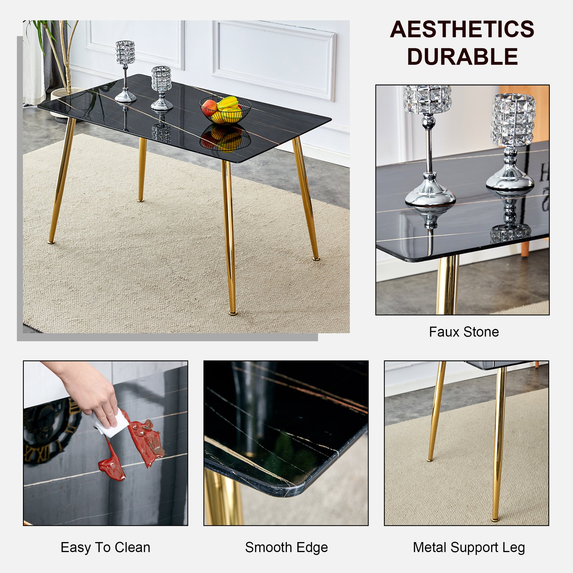 Modern Minimalist Rectangular Black Imitation Marble Dining Table, 0.3 Inches Thick, Gold Color Metal Legs, Suitable For Kitchen, Dining Room, And Living Room 51.2"* 31.5" * 29.8 "Dt 1544 Black Glass