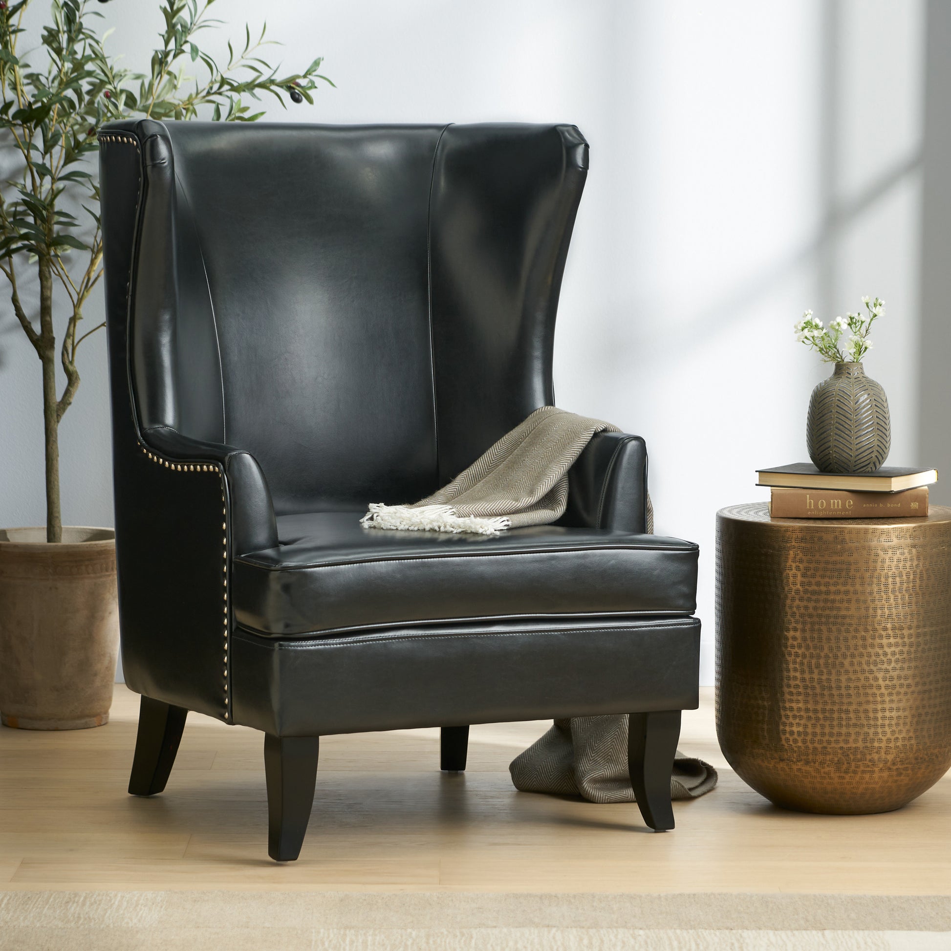 Canterbury Hi Back Wing Chair Black Leather