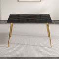 Modern Minimalist Rectangular Black Imitation Marble Dining Table, 0.3 Inches Thick, Gold Color Metal Legs, Suitable For Kitchen, Dining Room, And Living Room 51.2