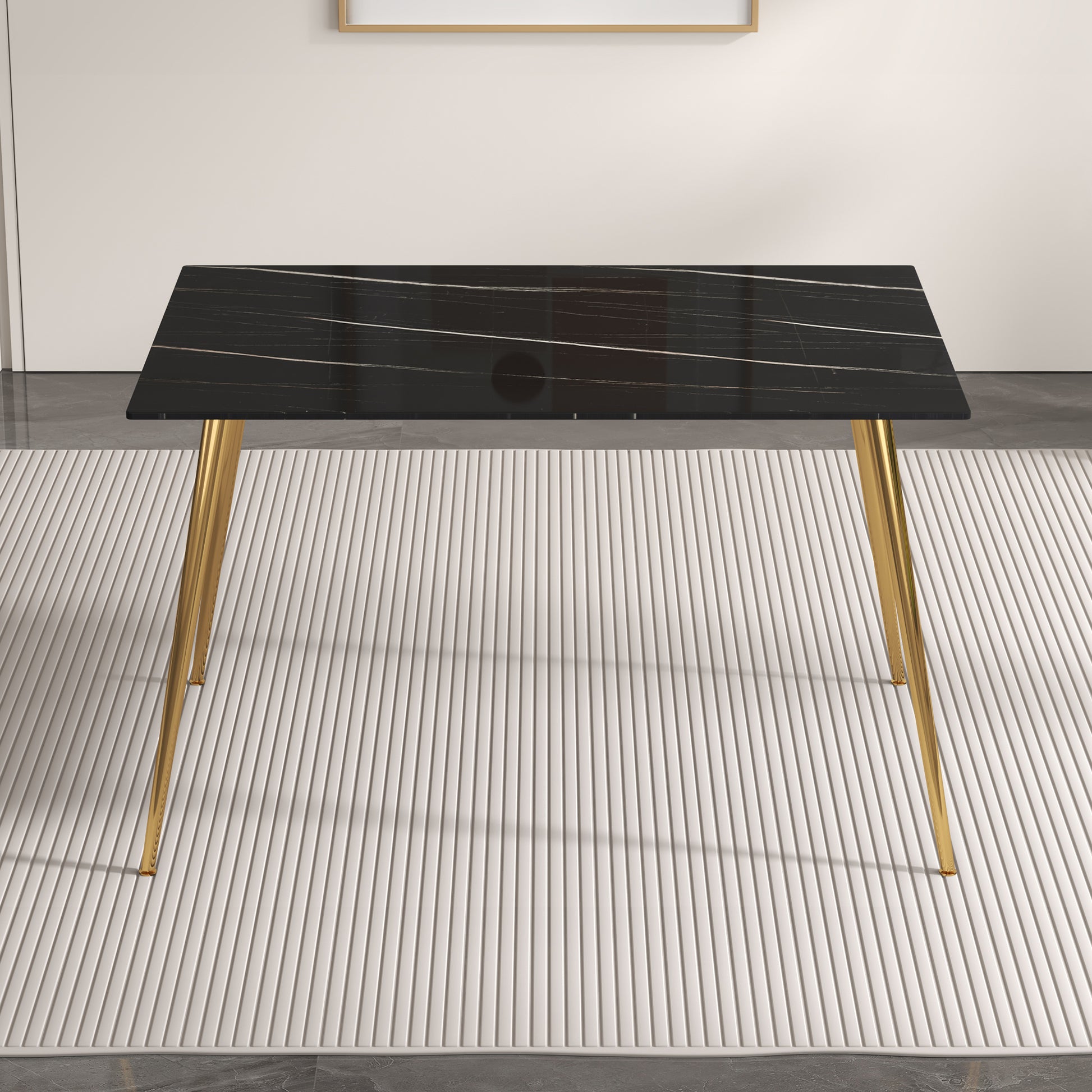 Modern Minimalist Rectangular Black Imitation Marble Dining Table, 0.3 Inches Thick, Gold Color Metal Legs, Suitable For Kitchen, Dining Room, And Living Room 51.2"* 31.5" * 29.8 "Dt 1544 Black Glass