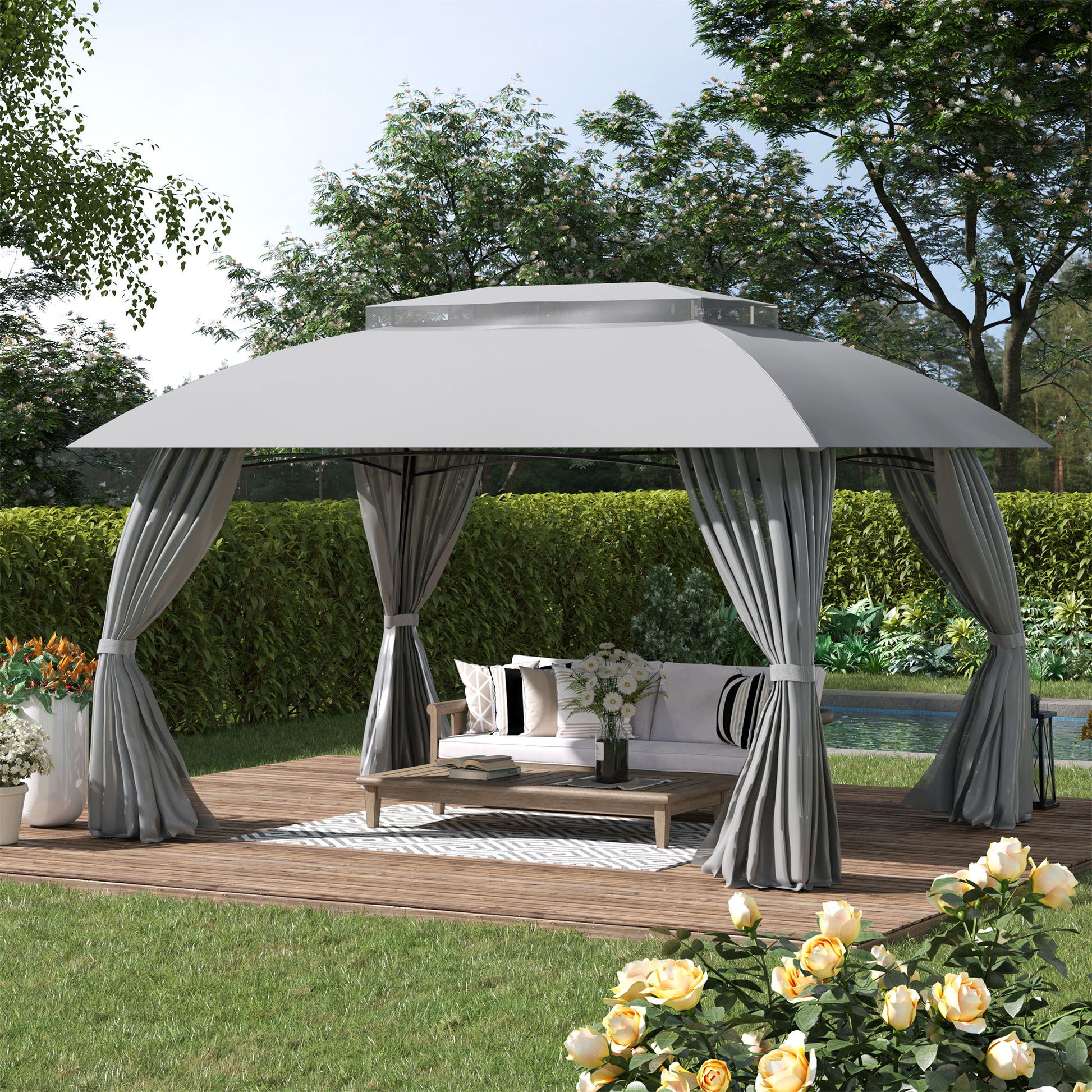 10' X 13' Patio Gazebo Canopy, Double Vented Roof, Steel Frame, Curtain Sidewalls, Outdoor Sun Shade Shelter For Garden, Lawn, Backyard, Deck, Gray Gray Steel