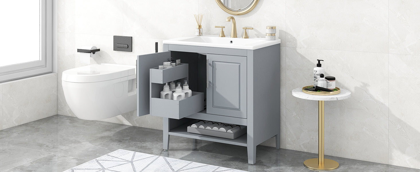 30" Bathroom Vanity With Sink, Multi Functional Bathroom Cabinet With Doors And Drawers, Solid Frame And Mdf Board, Grey Grey Solid Wood Mdf