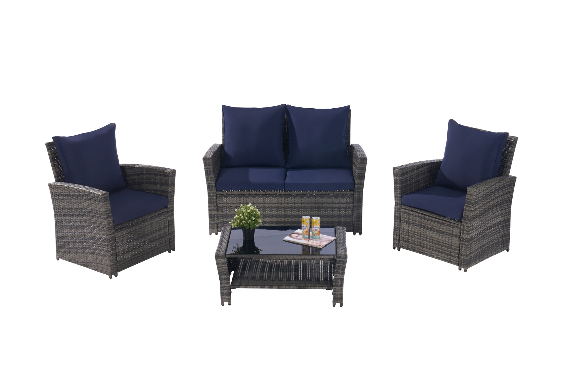 4 Pieces Outdoor Patio Furniture Sets Garden Rattan Chair Wicker Set, Poolside Lawn Chairs With Tempered Glass Coffee Table Porch Furniture, Gray Rattan Dark Blue Color Cushion Yes Complete Patio Set Dark Gray Water Resistant Frame Water Resistant
