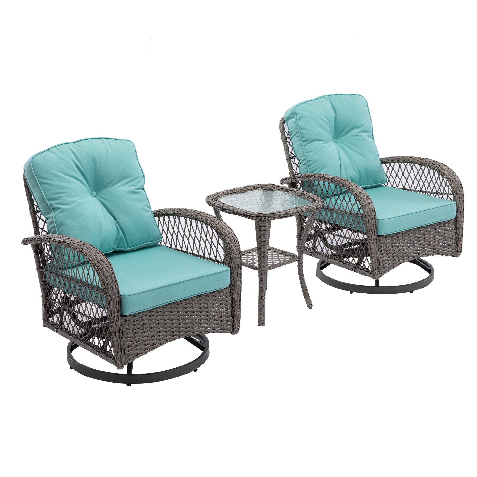 3 Pieces Outdoor Swivel Rocker Patio Chairs, 360 Degree Rocking Patio Conversation Set With Thickened Cushions And Glass Coffee Table For Backyard, Blue Blue Steel