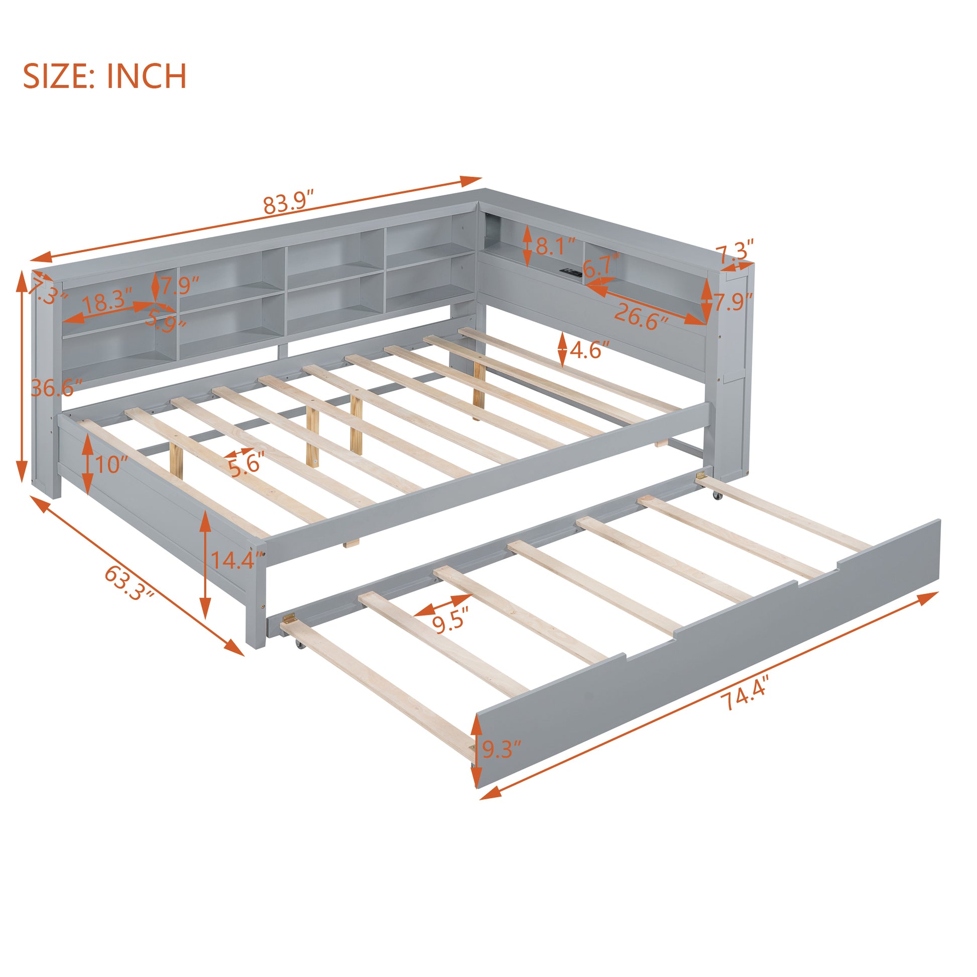 Wooden Full Size Daybed With Twin Size Trundle, Daybed With Storage Shelf And Usb Charging Ports,Grey Full Grey Wood