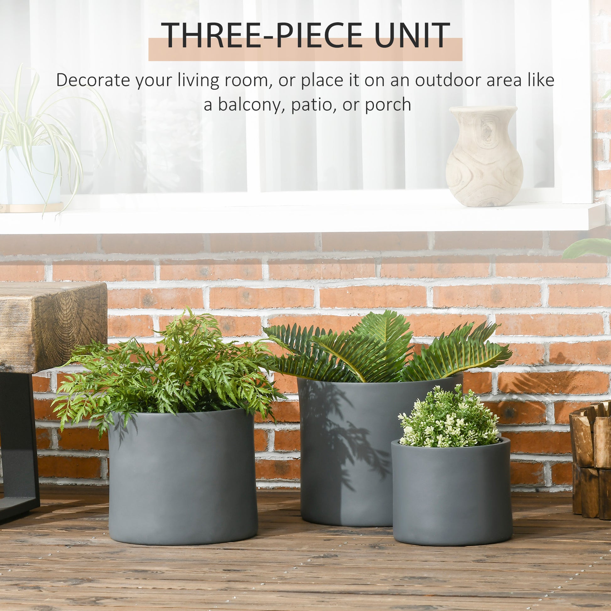 Set Of 3 Outdoor Planter Set, 13 11.5 9In, Mgo Flower Pots With Drainage Holes, Outdoor Ready & Stackable Plant Pot For Indoor, Entryway, Patio, Yard, Garden Dark Gray Magnesium Oxide