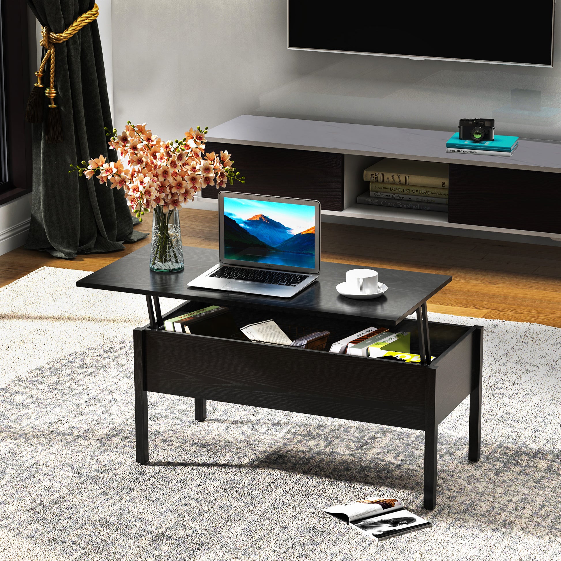 39" Modern Lift Top Coffee Table Desk With Hidden Storage Compartment For Living Room, Black Woodgrain Black Particle Board