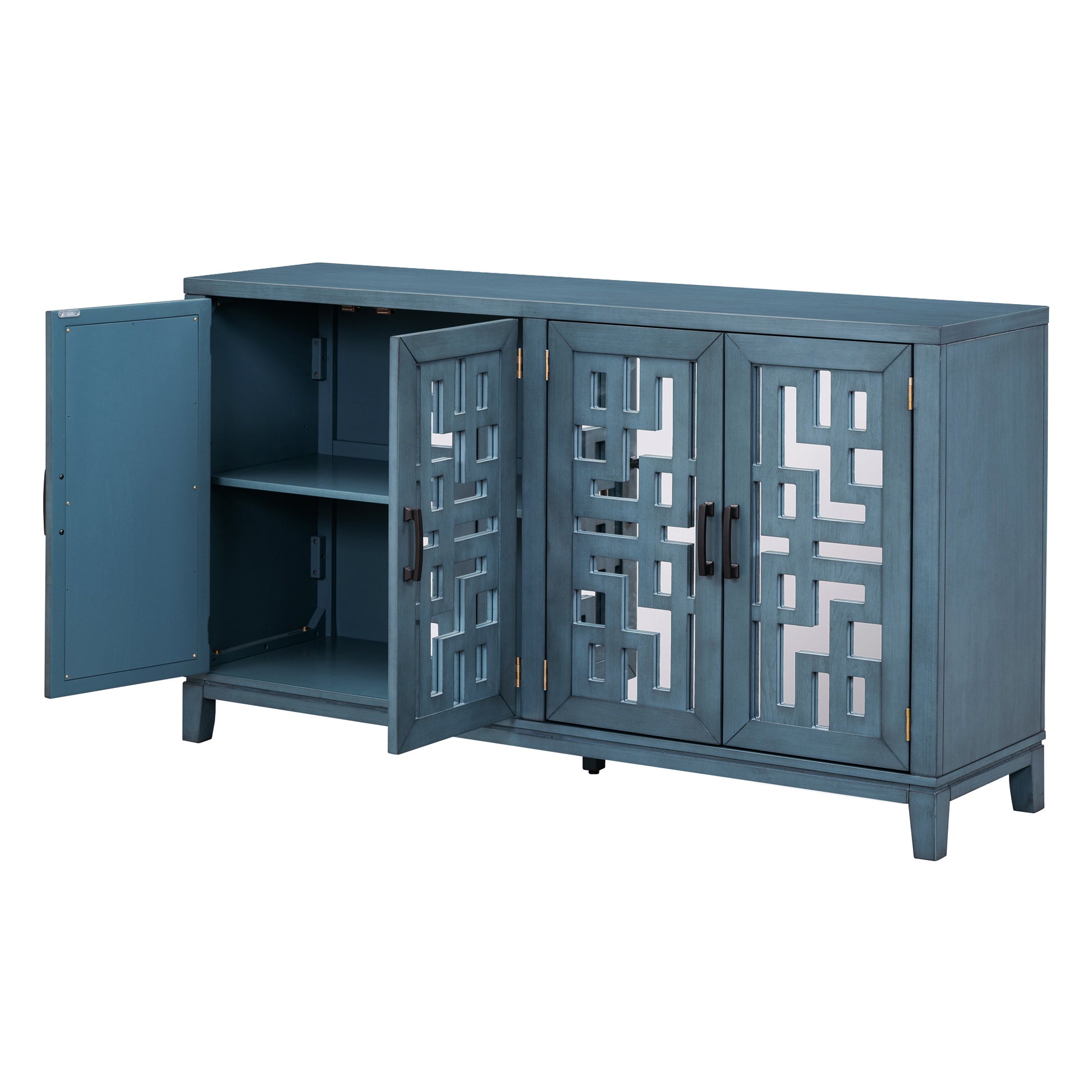 Retro 4 Door Mirrored Buffet Sideboard With Metal Pulls For Dining Room, Living Room And Hallway Navy Navy Solid Wood