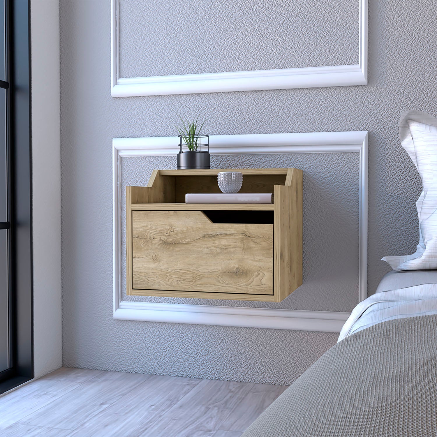 Floating Nightstand Chester, Bedroom, Macadamia Beige Particle Board Engineered Wood