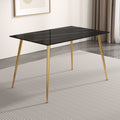 Modern Minimalist Rectangular Black Imitation Marble Dining Table, 0.3 Inches Thick, Gold Color Metal Legs, Suitable For Kitchen, Dining Room, And Living Room 51.2