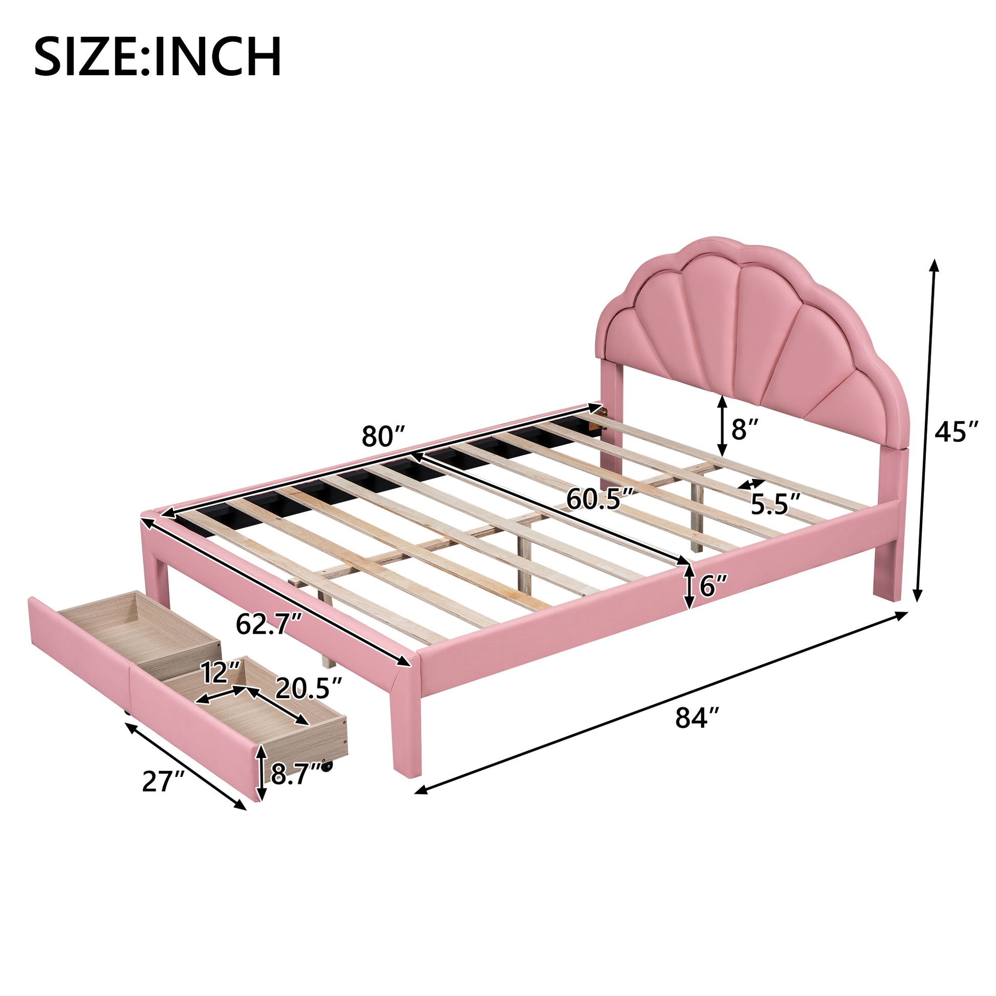 Queen Size Upholstered Platform Bed With Seashell Shaped Headboard, Led And 2 Drawers, Pink Box Spring Not Required Queen Pink Wood Bedroom Bed Frame Faux Leather Upholstered