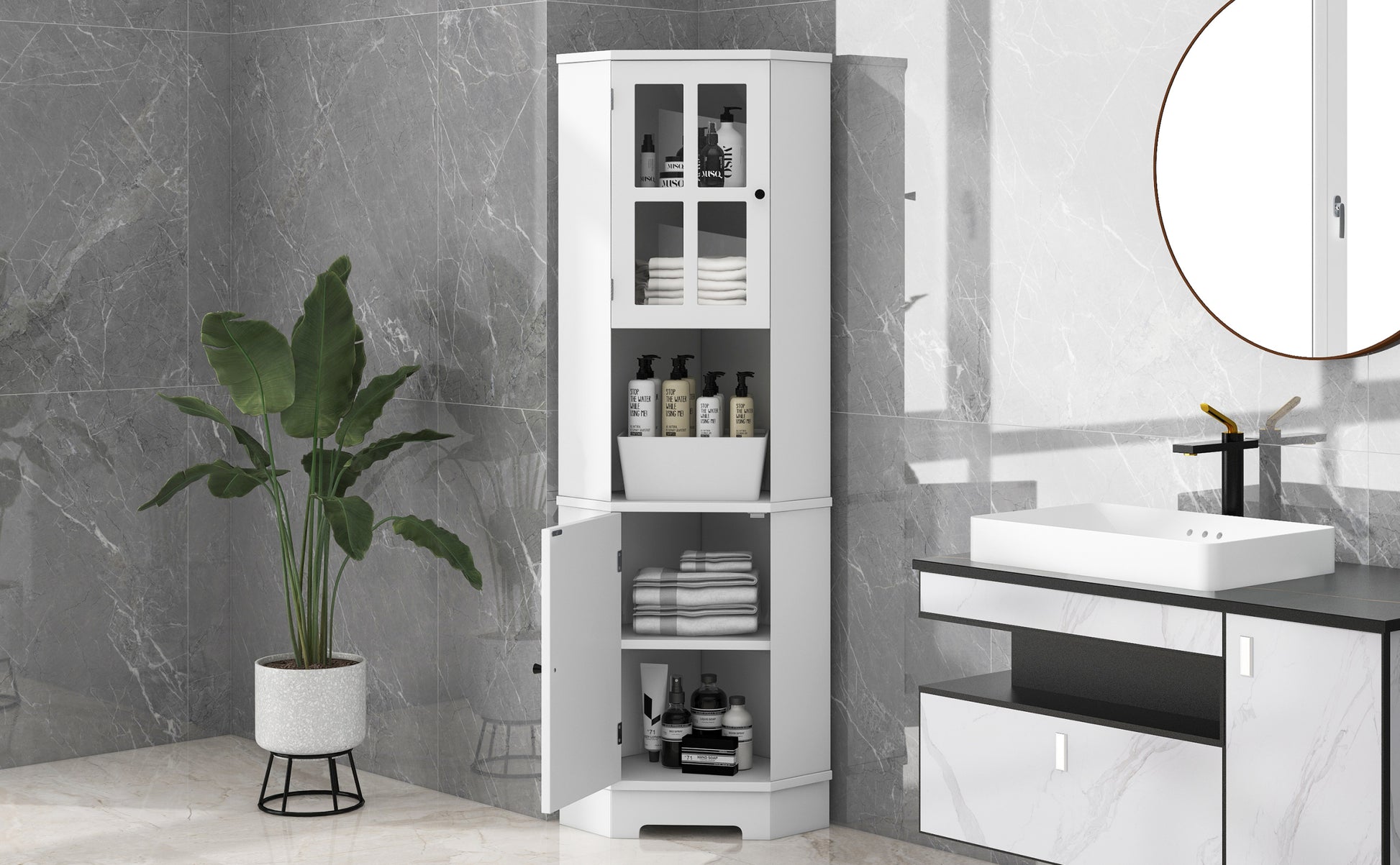 Tall Bathroom Storage Cabinet, Corner Cabinet with white-mdf