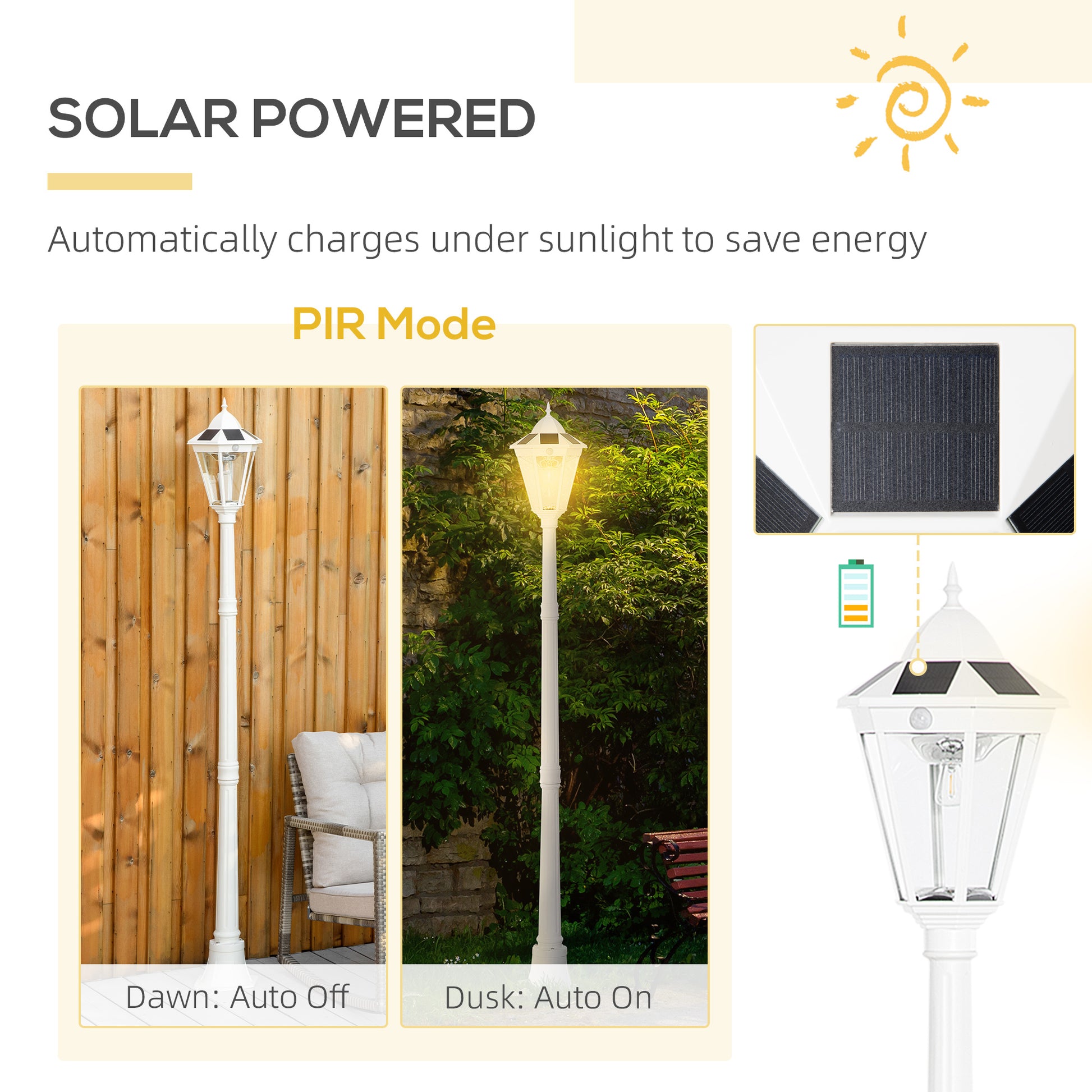 77" Solar Lamp Post Light, Waterproof Aluminum Outdoor Vintage Street Lamp, Motion Activated Sensor Pir, Adjustable Brightness, For Garden, Lawn, Pathway, Driveway, White Brown Metal
