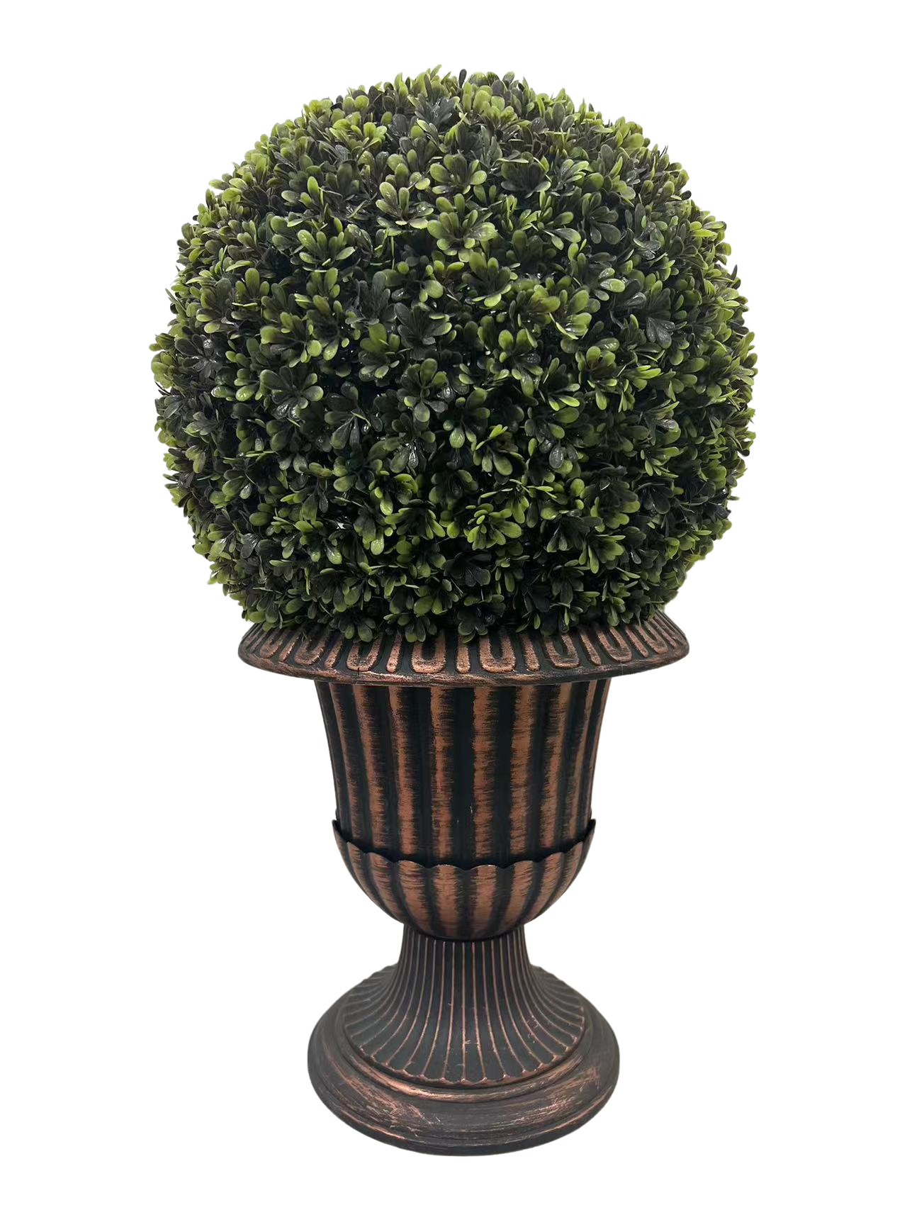 24" Ball Topiary In Bronze Pedestal Pot, Artificial Faux Plant For Indoor And Outdoor Green Plastic