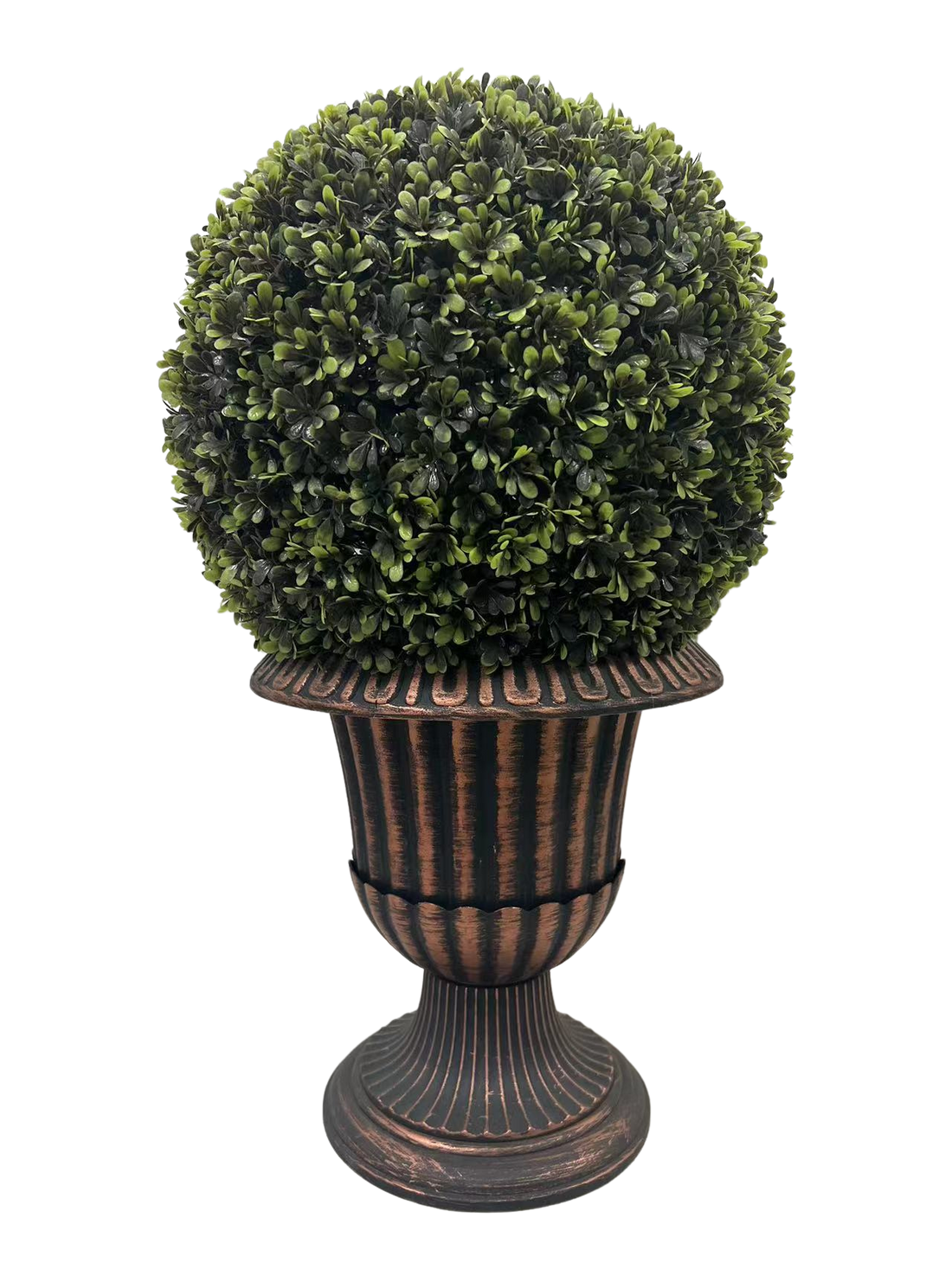 24" Ball Topiary In Bronze Pedestal Pot, Artificial Faux Plant For Indoor And Outdoor Green Plastic