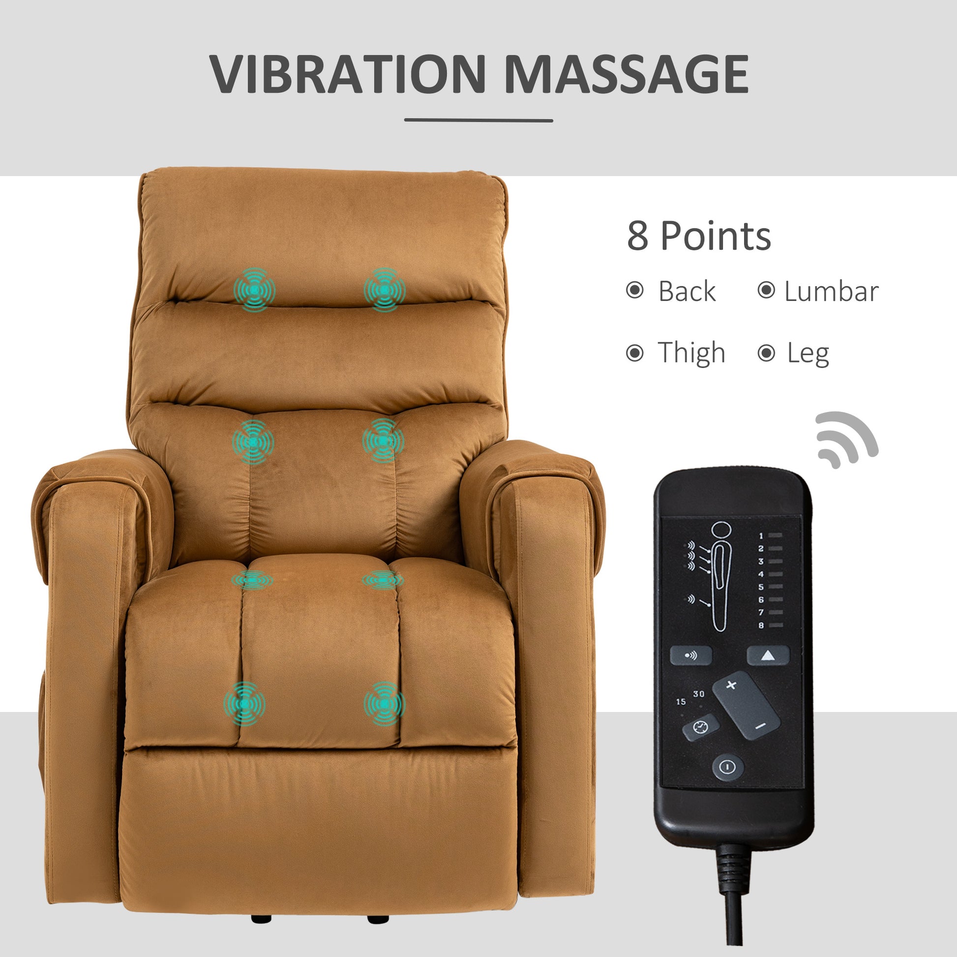 Power Lift Chair, Velvet Touch Upholstered Recliner Chair For Elderly With Vibration Massage, Remote Control, Side Pockets, Brown Brown Polyester