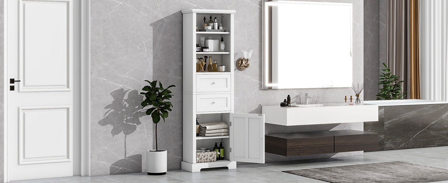 Tall Bathroom Storage Cabinet,Cabinet With One Door And Two Drawers, Freestanding Storage Adjustable Shelf, Mdf Board,White White Mdf