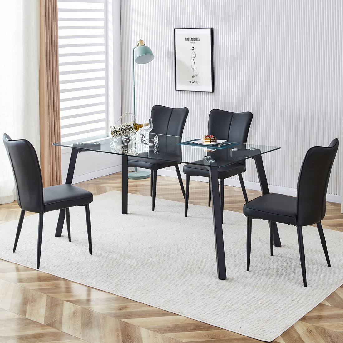 Table And Chair Set. 1 Table And 4 Black Chairs. Glass Dining Table With 0.31 Inch Tempered Glass Tabletop And Black Coated Metal Legs. Equipped With Black Pu Chairs 1123 008 Transparent Glass