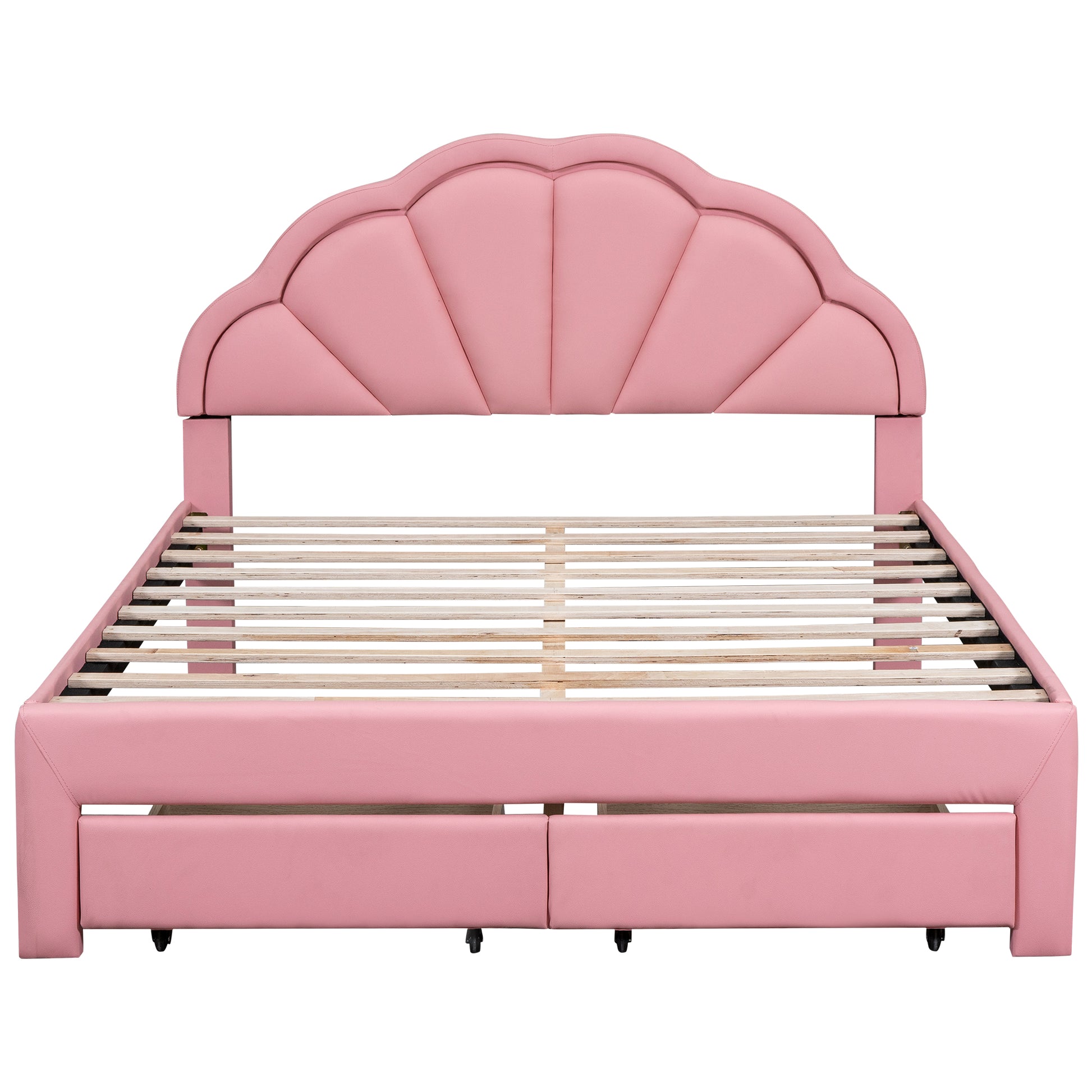 Queen Size Upholstered Platform Bed With Seashell Shaped Headboard, Led And 2 Drawers, Pink Box Spring Not Required Queen Pink Wood Bedroom Bed Frame Faux Leather Upholstered