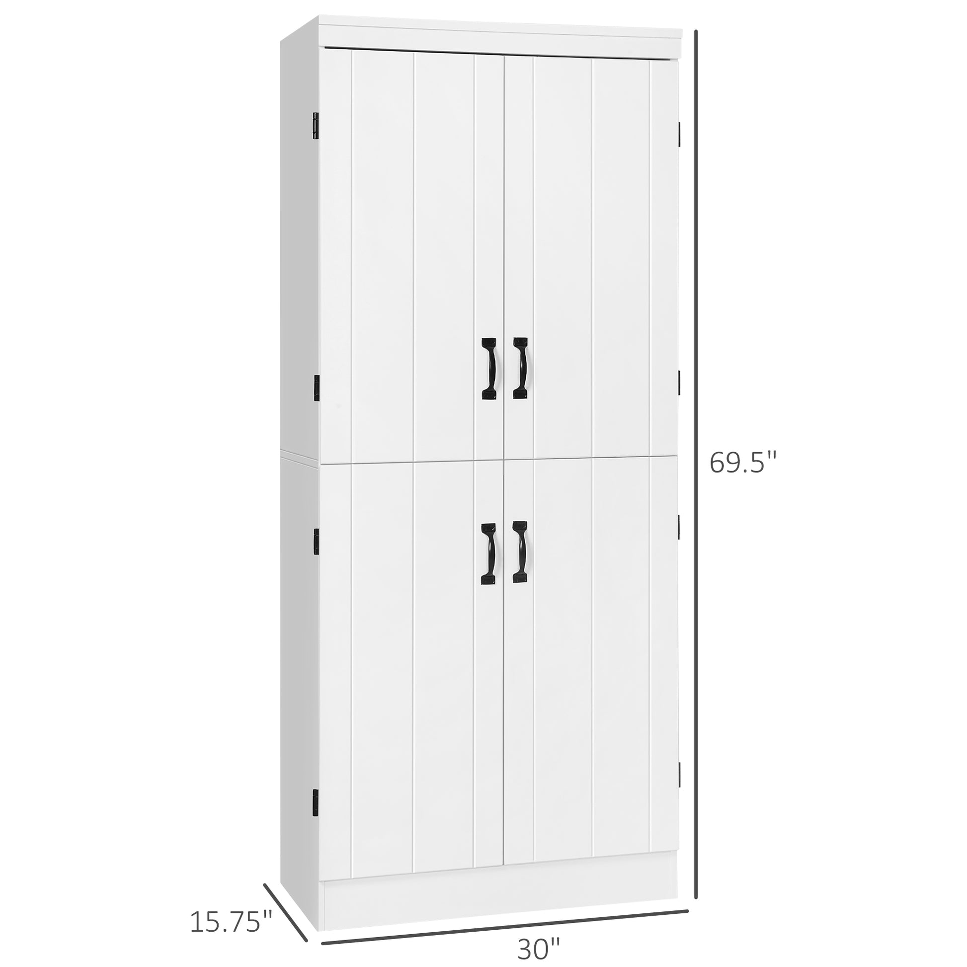 70" Kitchen Pantry, Tall Freestanding Storage Cabinet, 6 Tier Shelving With 2 Adjustable Shelves And 4 Doors For Dining Room, White White Mdf