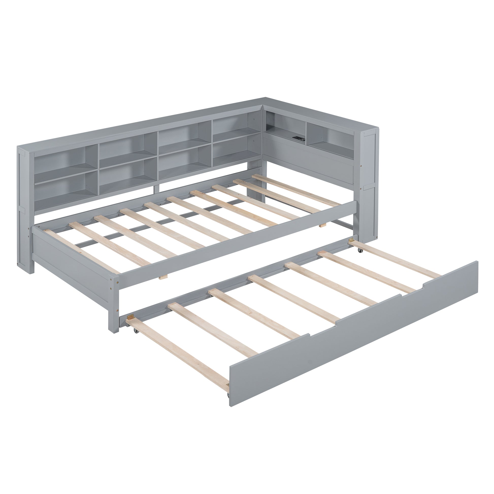 Wooden Twin Size Daybed With Twin Size Trundle, Daybed With Storage Shelf And Usb Charging Ports,Grey Twin Grey Wood