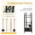 Firewood Rack With Fireplace Tools, Indoor Outdoor Firewood Holder, Flat Bottom With 2 Tiers For Fireplace, Wood Stove, Hearth Or Fire Pit, Black Black Steel