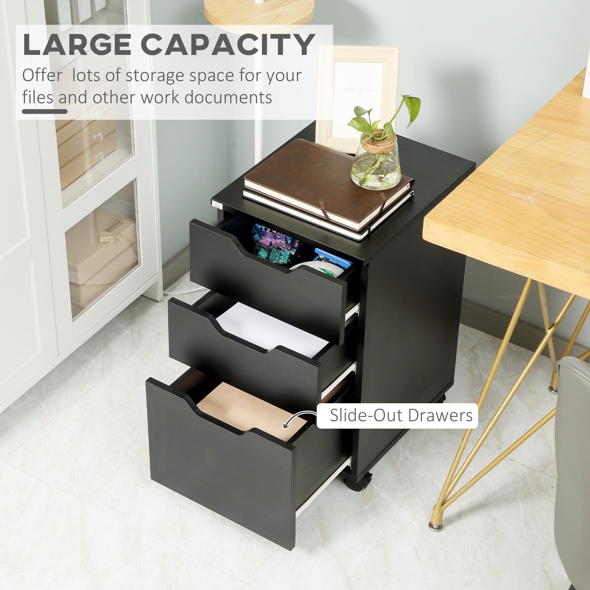 3 Drawer Mobile File Cabinet, Rolling Printer Stand, Vertical Filing Cabinet, Black Black Particle Board