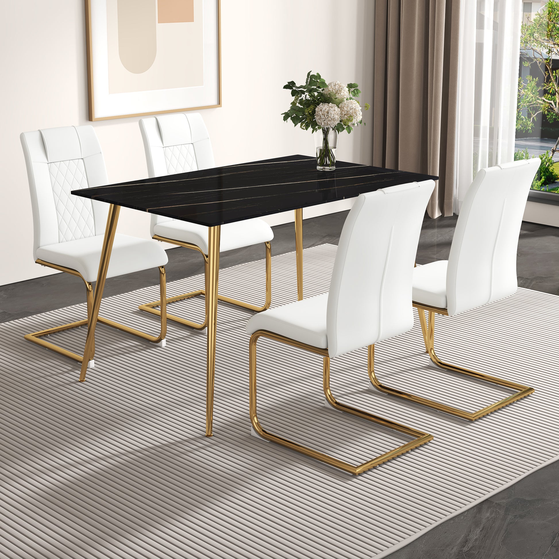 Modern Minimalist Rectangular Black Imitation Marble Dining Table, 0.3 Inches Thick, Gold Color Metal Legs, Suitable For Kitchen, Dining Room, And Living Room 51.2"* 31.5" * 29.8 "Dt 1544 Black Glass