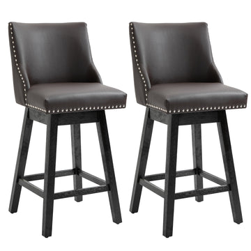 28" Swivel Bar Height Bar Stools Set Of 2, Armless Upholstered Barstools Chairs With Trim And Wood Legs, Brown Brown Pu Leather