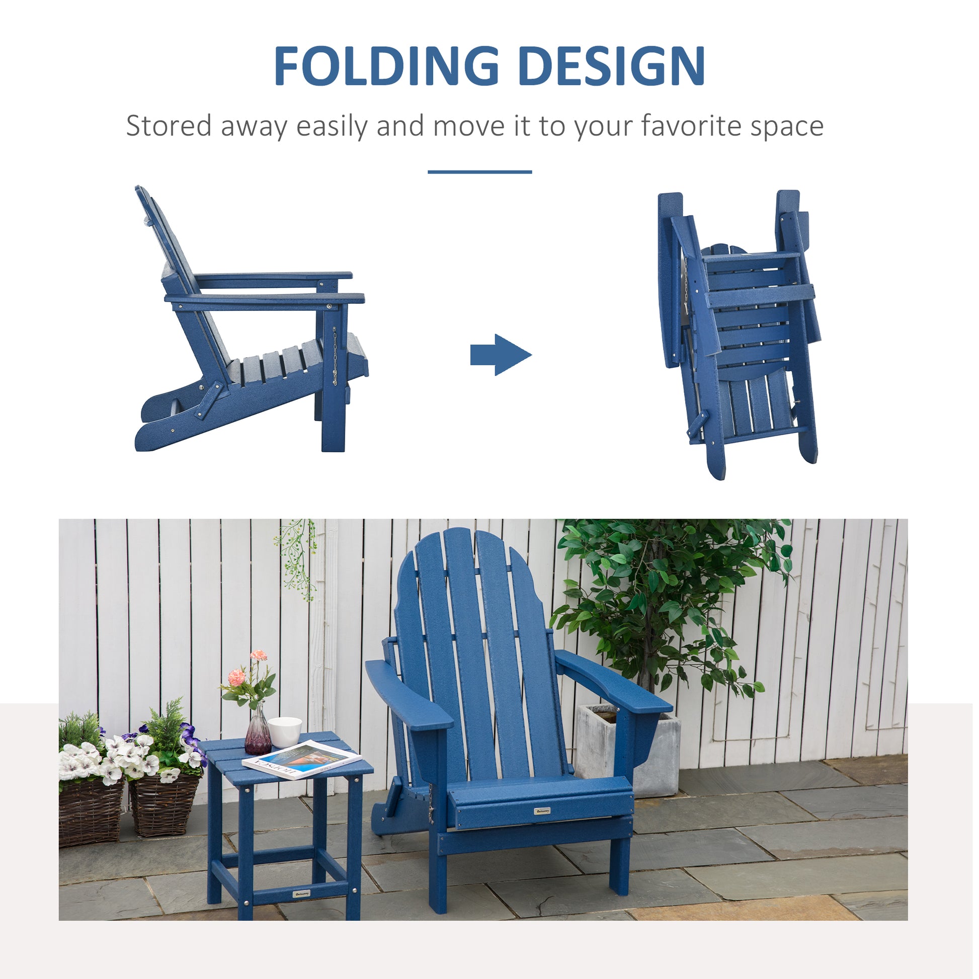 Folding Adirondack Chair, Faux Wood Patio & Fire Pit Chair, Weather Resistant Hdpe For Deck, Outside Garden, Porch, Backyard, Blue Blue Hdpe