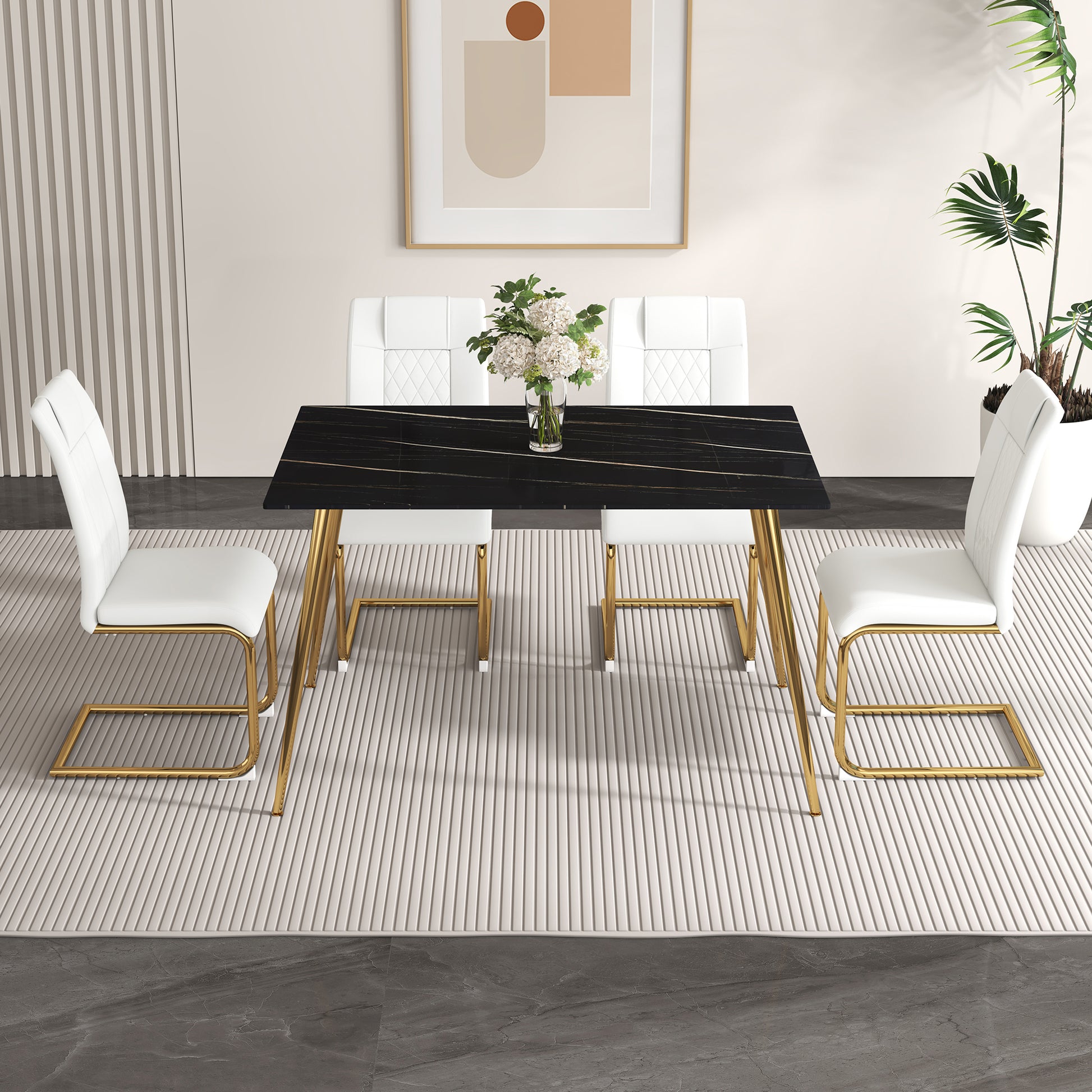 Modern Minimalist Rectangular Black Imitation Marble Dining Table, 0.3 Inches Thick, Gold Color Metal Legs, Suitable For Kitchen, Dining Room, And Living Room 51.2"* 31.5" * 29.8 "Dt 1544 Black Glass