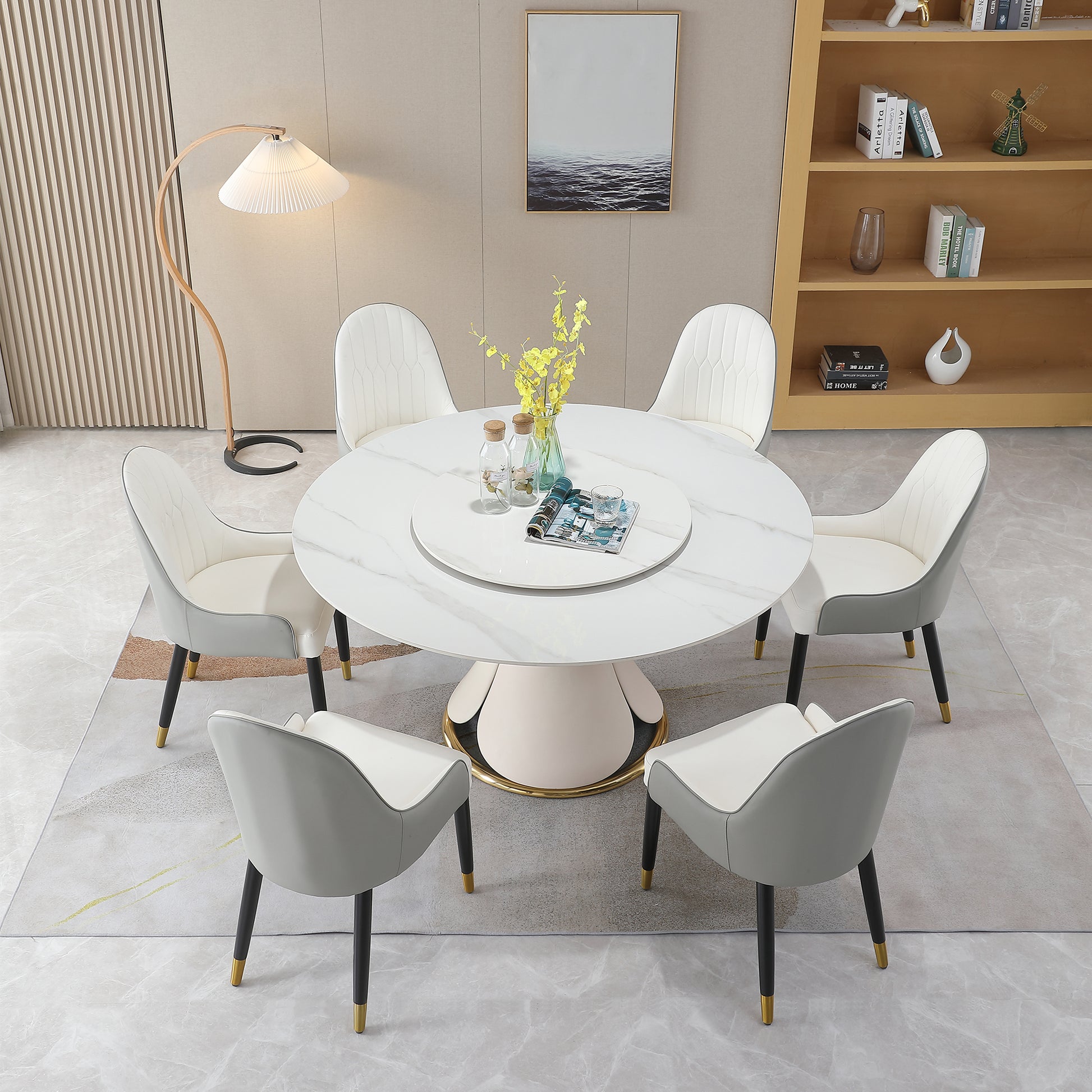 59.05"Modern Sintered Stone Dining Table With 31.5" Round Turntable With Wood And Metal Exquisite Pedestal With 8 Pcs Chairs . Glossy White Sintered Stone