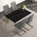 Modern Minimalist Rectangular Black Imitation Marble Dining Table, 0.3 Inches Thick, Gold Color Metal Legs, Suitable For Kitchen, Dining Room, And Living Room 51.2