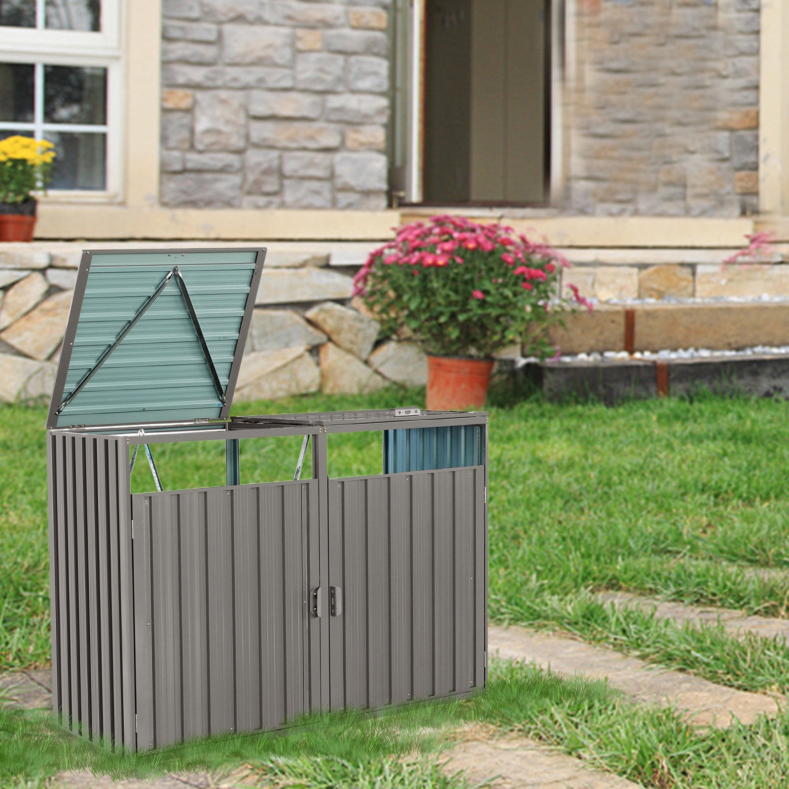 Garbage Bin Shed Stores 2 Trash Cans Metal Outdoor Bin Shed For Garbage Storage,Stainless Galvanized Steel, Bin Shed For Garden Yard Lawn,Grey Grey Iron