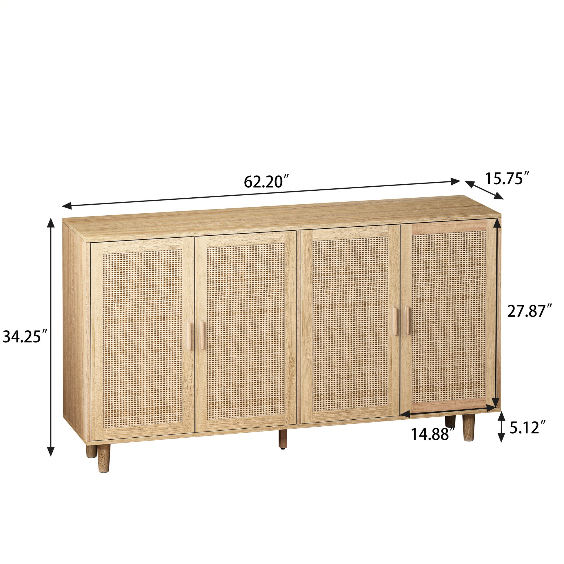 62.20"Elegant And Functional 4 Door Rattan Decorative Storage Cabinet,For Bedroom,Living Room,Office,Easy Assembly Natural Particle Board