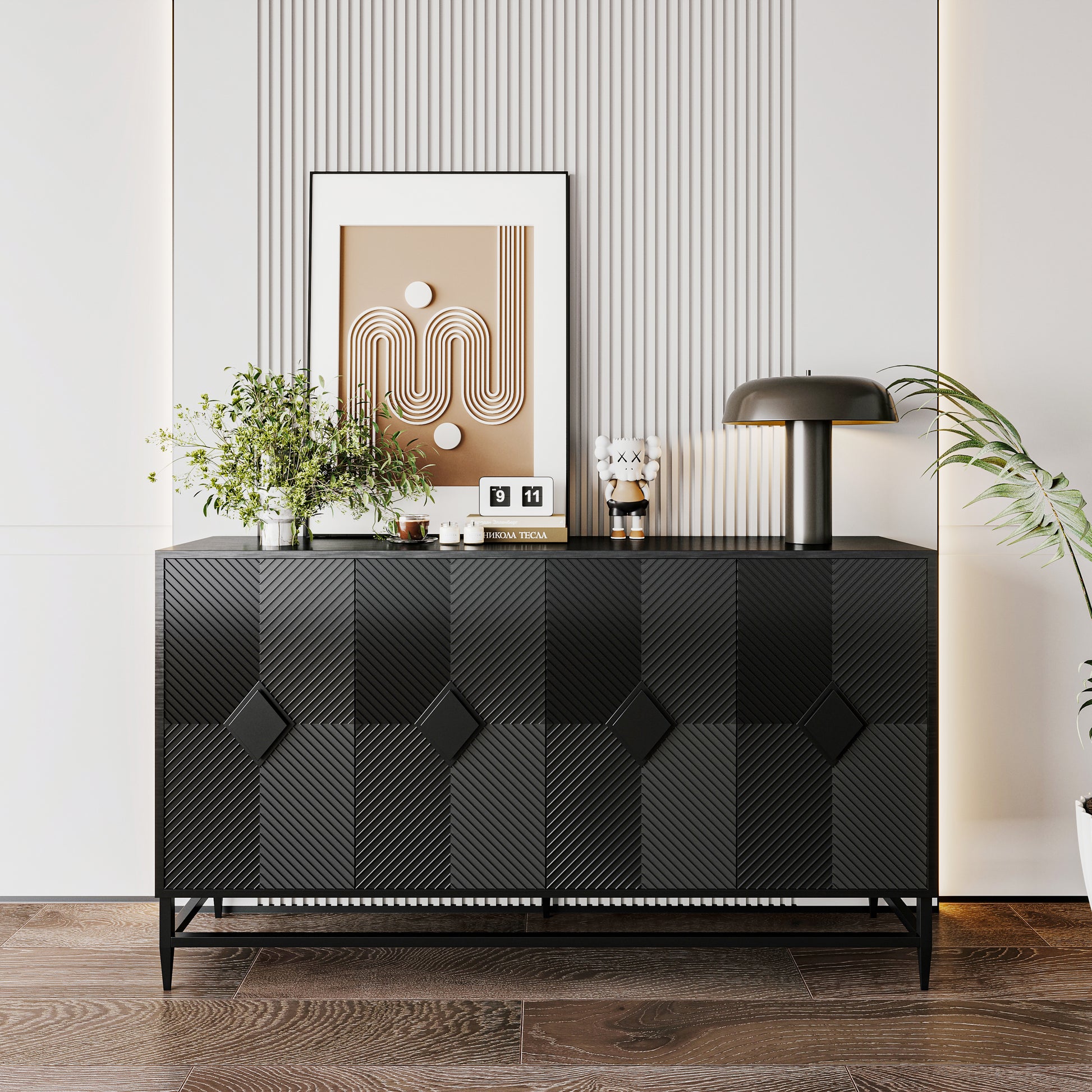 Accent Black Lacquered 4 Door Wooden Cabinet Sideboard Buffet Server Cabinet Storage Cabinet, For Living Room, Entryway, Hallway, Office, Kitchen And Dining Room Matte Matte Black Adjustable Shelves Mdf Steel