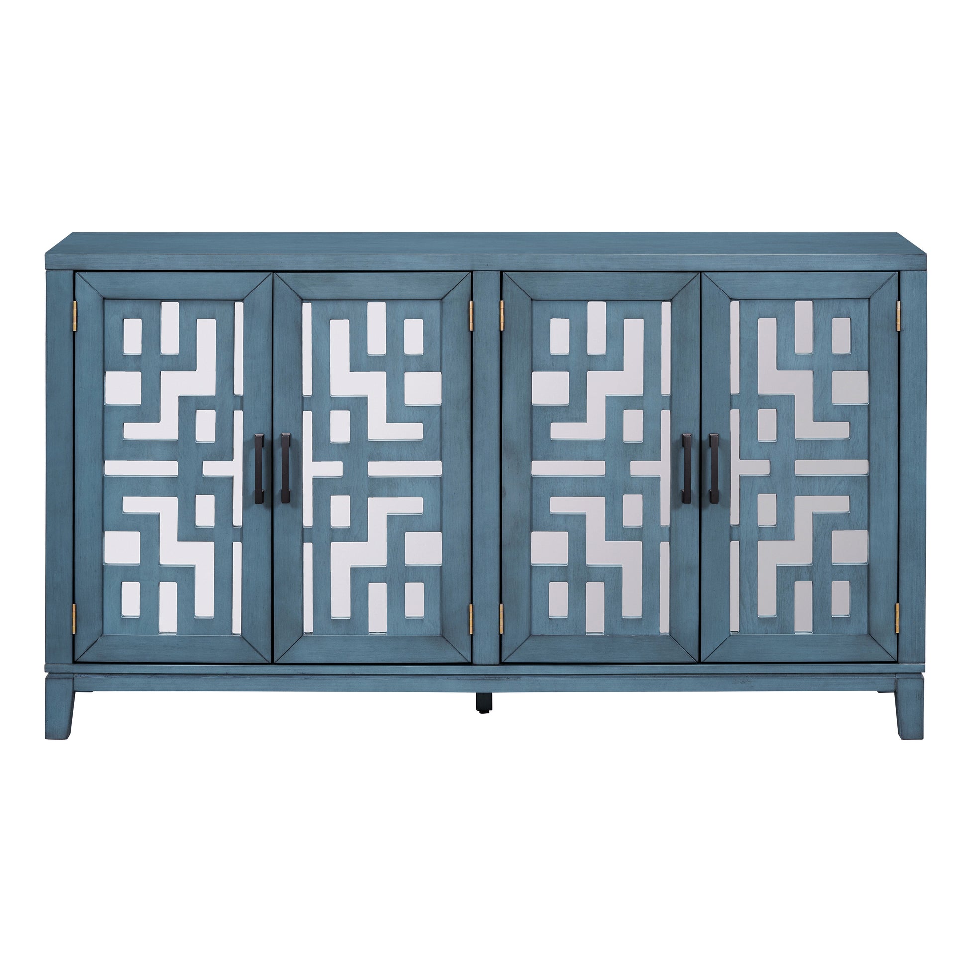 Retro 4 Door Mirrored Buffet Sideboard With Metal Pulls For Dining Room, Living Room And Hallway Navy Navy Solid Wood