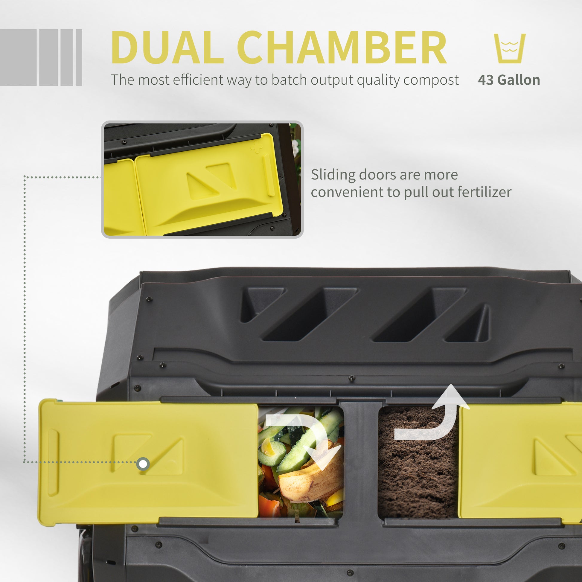 Tumbling Compost Bin Outdoor 360 Dual Rotating Composter 43 Gallon, Yellow Yellow Polypropylene